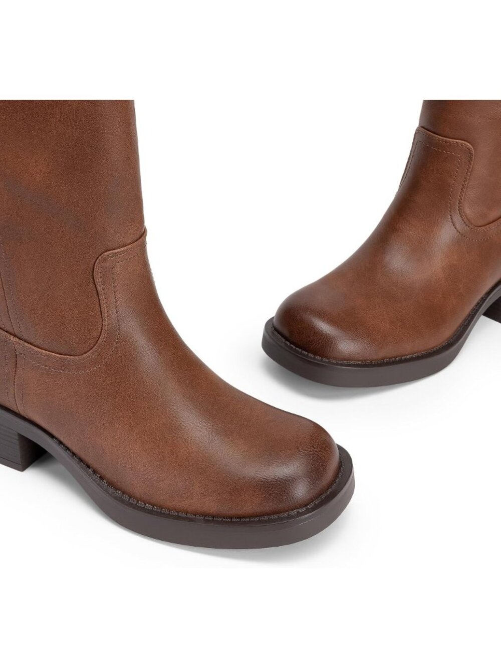 Women's Brown Faux Leather Square Toe Chunky Block Heel Knee High Riding Boots - Picture 5 of 6